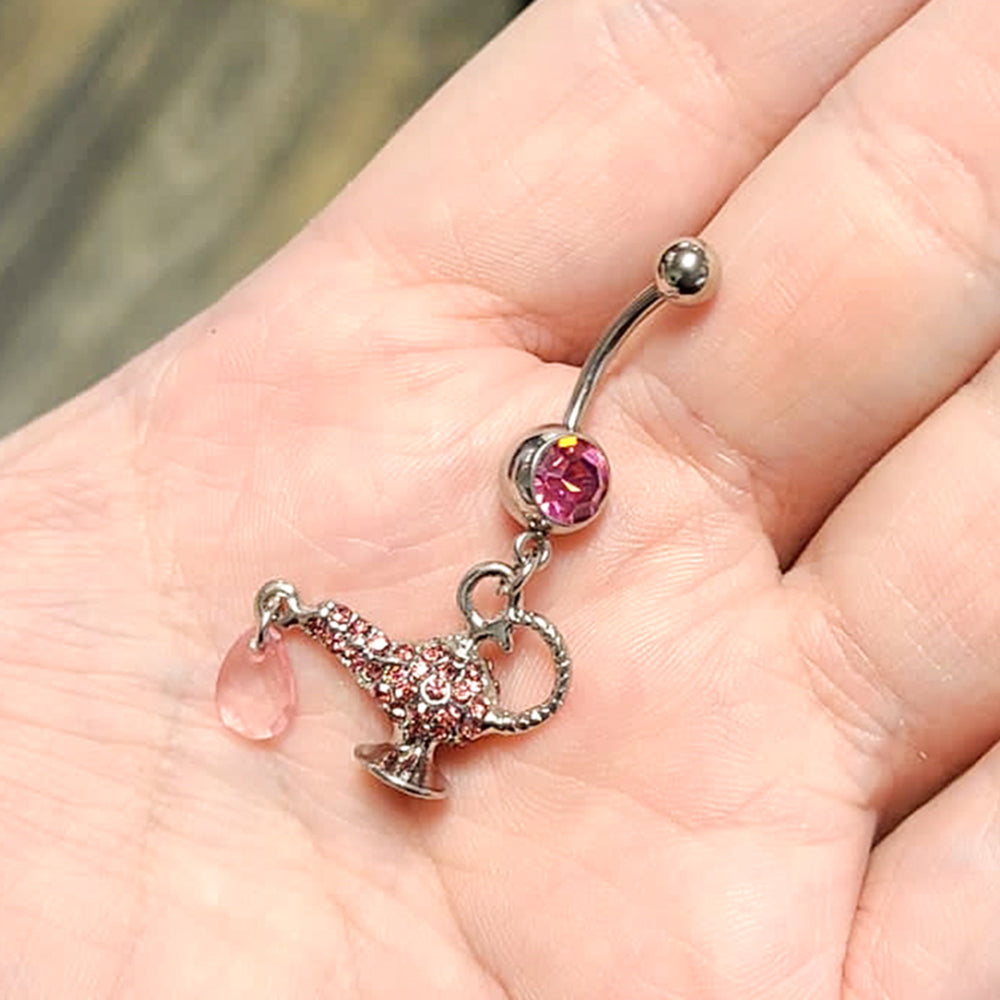 Surgical Steel 14 Gauge Belly Ring with Paved CZ Genie Lamp Dangle - photo 2