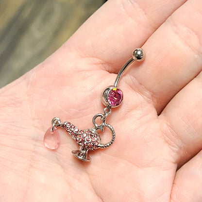 Surgical Steel 14 Gauge Belly Ring with Paved CZ Genie Lamp Dangle - photo 2