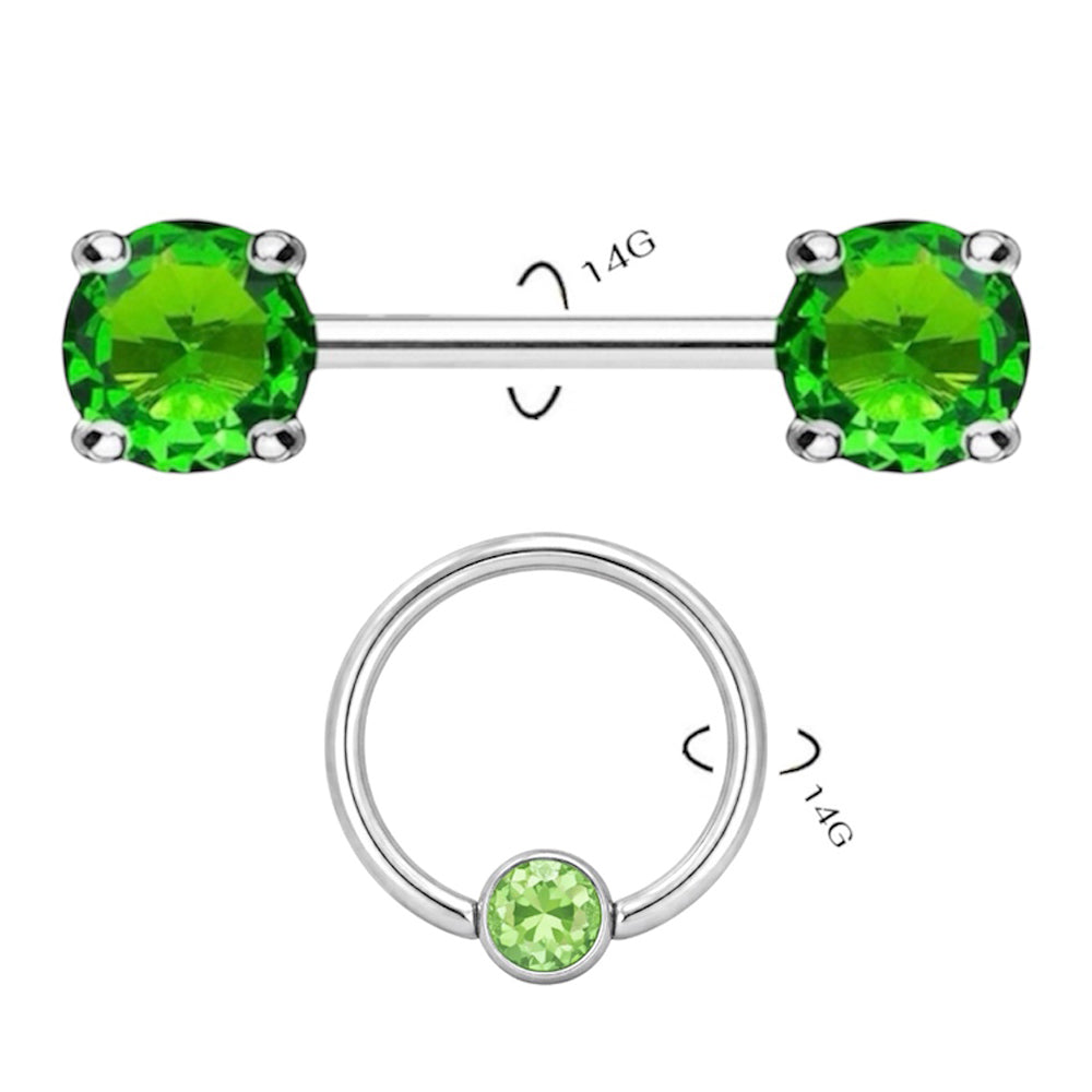 Surgical Steel 14 Gauge Nipple Barbell & Green CZ Captive Bead - Pair