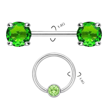 Surgical Steel 14 Gauge Nipple Barbell & Green CZ Captive Bead - Pair