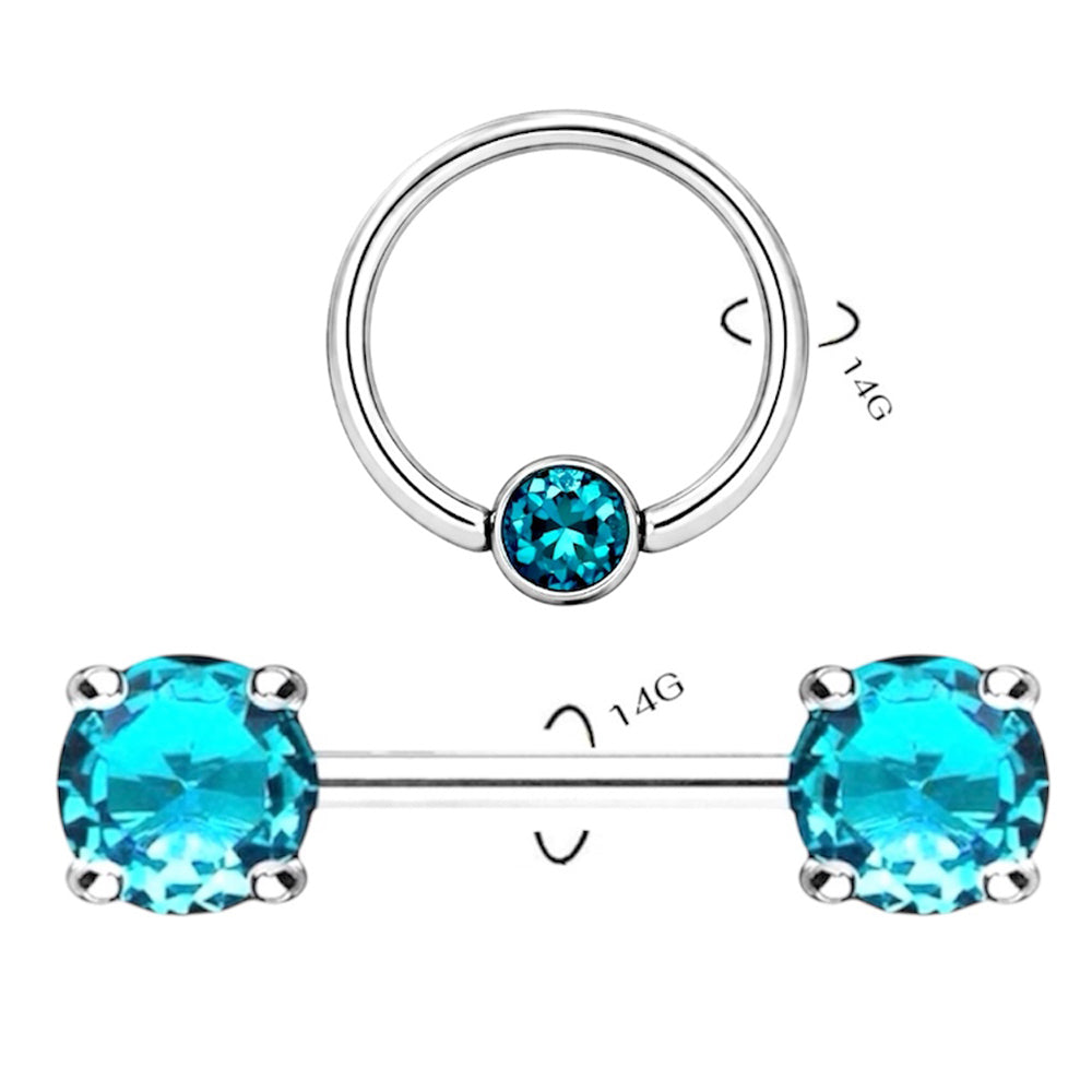 Surgical Steel 14 Gauge Nipple Barbell & Blue CZ Captive Bead - Pair