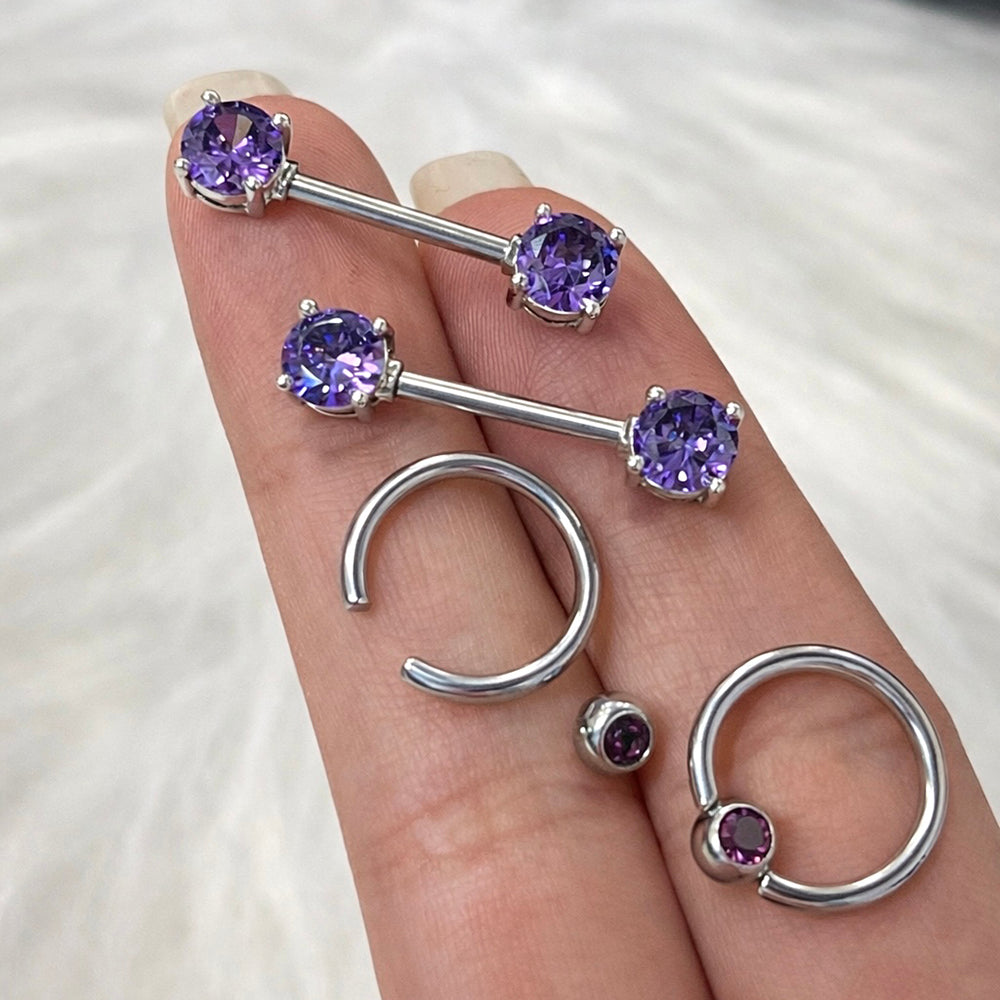 Surgical Steel 14 Gauge Nipple Barbell & Purple CZ Captive Bead - Pair