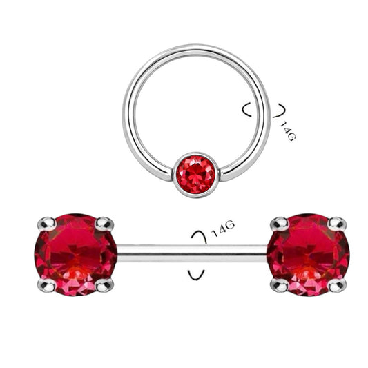 Surgical Steel 14 Gauge Nipple Barbell & Red CZ Captive Bead - Pair