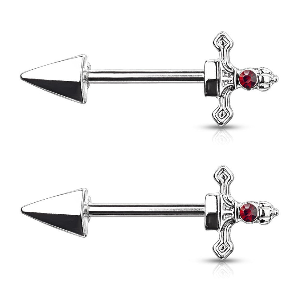 Surgical Steel 14 Gauge Nipple Barbell with Red CZ Dagger - Pair