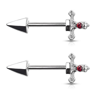 Surgical Steel 14 Gauge Nipple Barbell with Red CZ Dagger - Pair