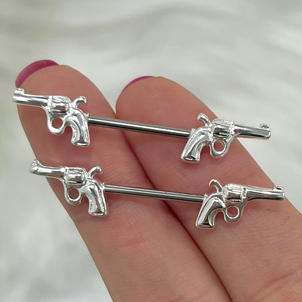 Surgical Steel Nipple Barbell 14G 14mm with Double Revolver Gun - Pair - photo 5