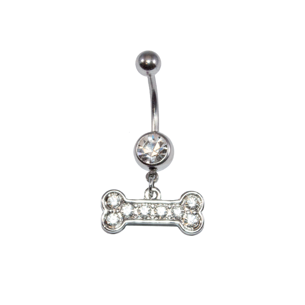Surgical Steel 14 Gauge Belly Ring with CZ Dog Bone Dangle