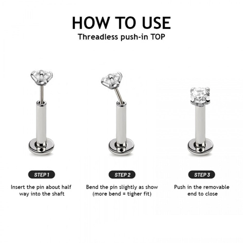 Surgical Steel 18 Gauge Labret Stud with Push Heart Lock CZ