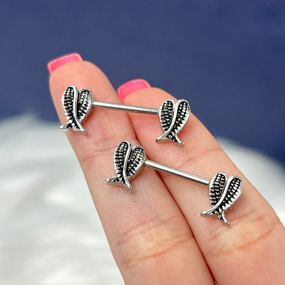 Surgical Steel 14 Gauge Nipple Barbells with Folded Angel Wings - Pair - photo 4