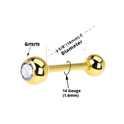 Surgical Steel Tongue Barbell 14 Gauge 16mm with PVD Gold Bezel CZ - photo 2