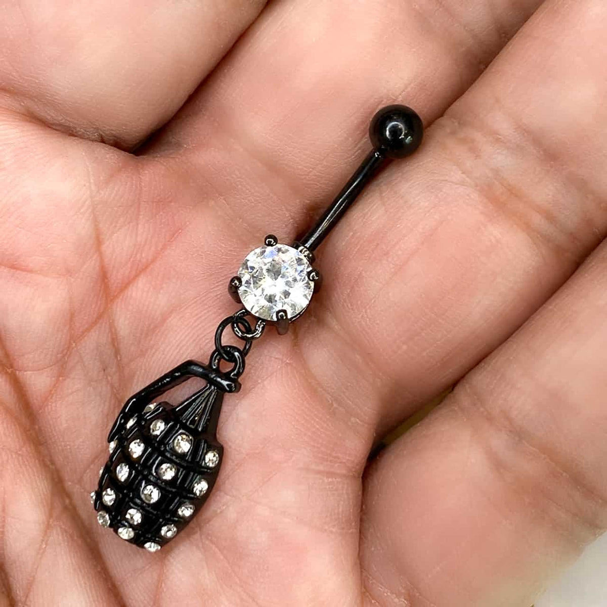 Surgical Steel 14 Gauge Belly Ring with Black Blackline Hand Grenade - photo 3