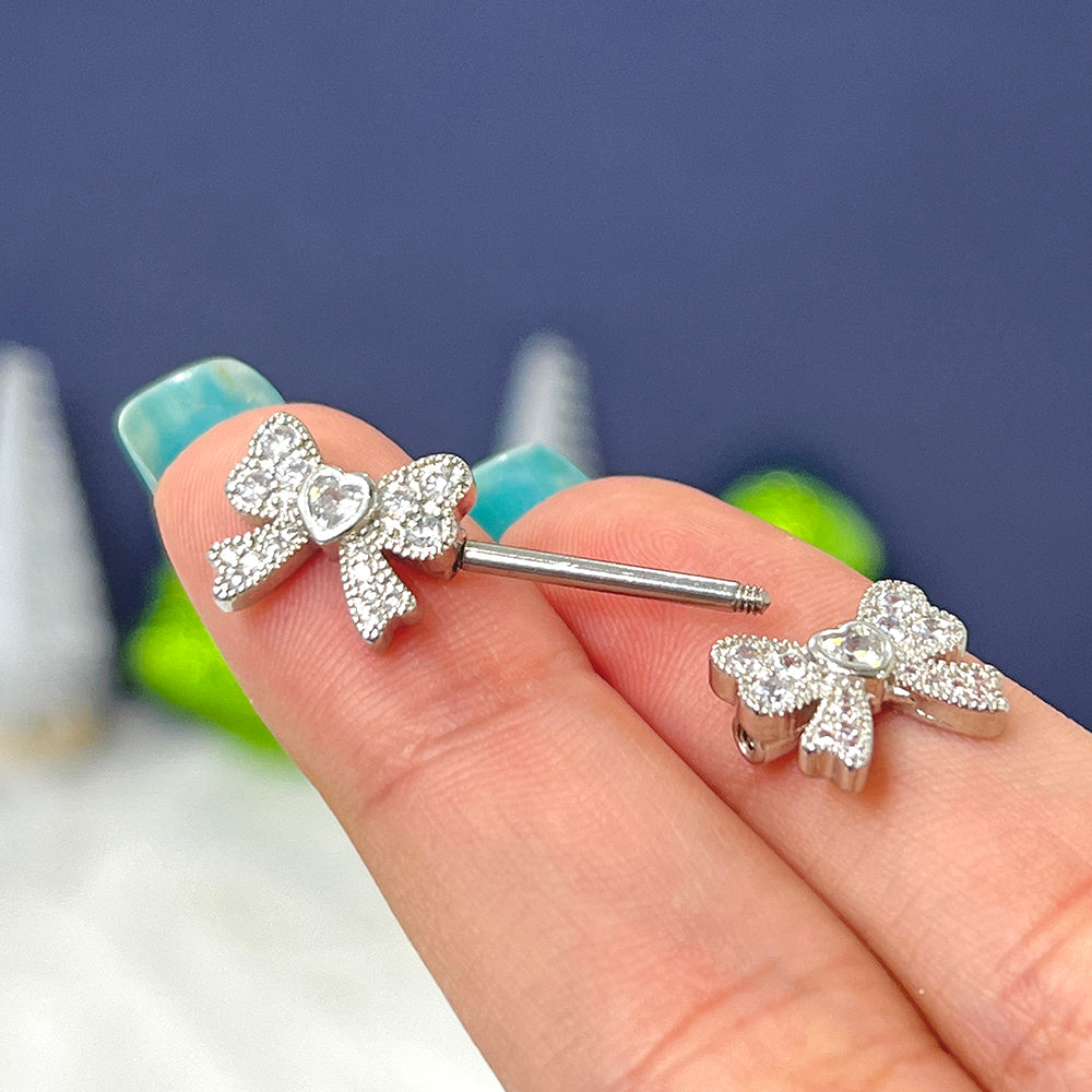Surgical steel ribbon heart CZ nipple barbells
