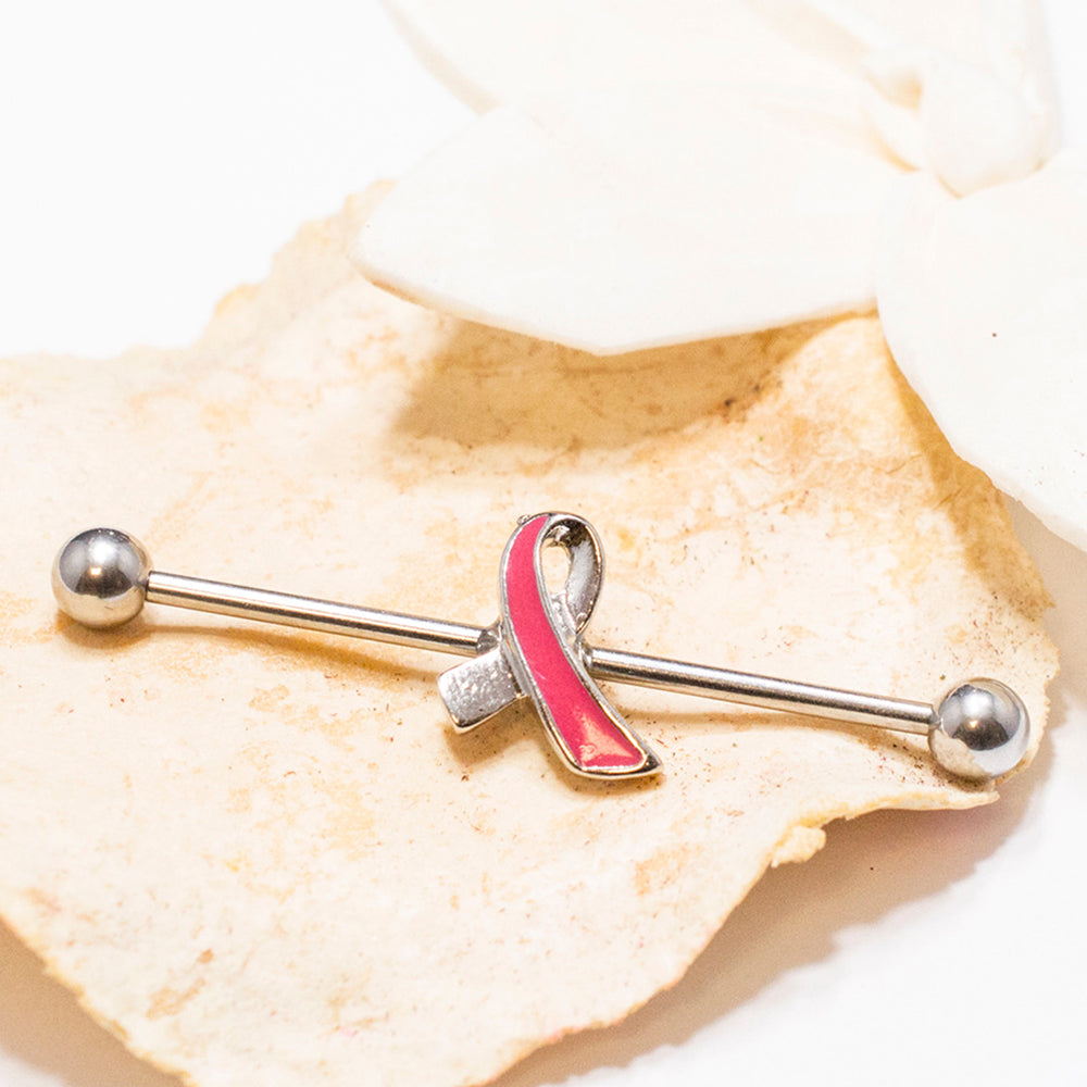 Surgical Steel 14 Gauge Industrial Barbell with Awareness Ribbon - photo 3