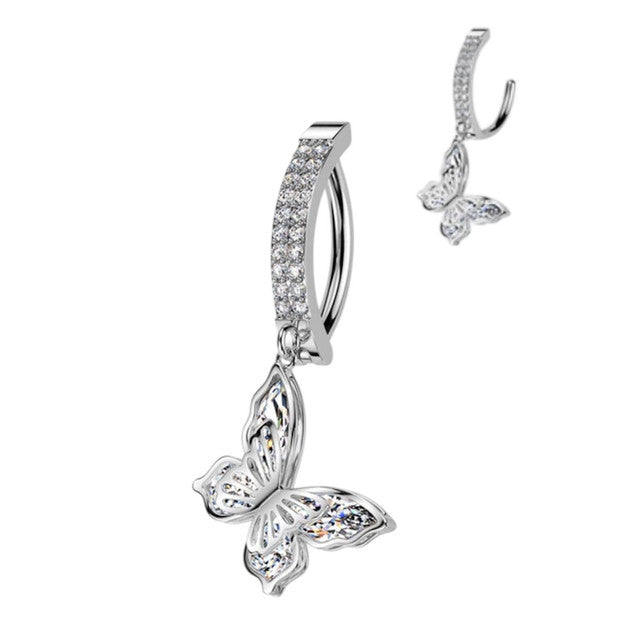 Surgical Steel Hinged Belly Ring 14G 11mm with CZ Butterfly Dangle - photo 4