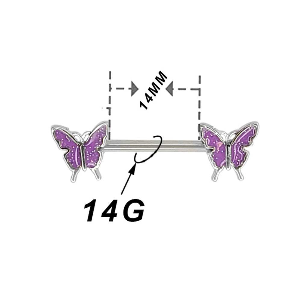Surgical Steel 14 Gauge Nipple Barbell Purple Butterfly Enamel - Pair - photo 3