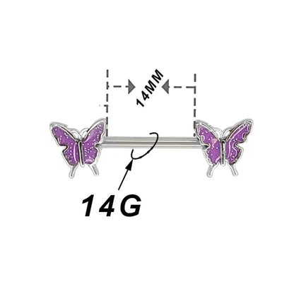 Surgical Steel 14 Gauge Nipple Barbell Purple Butterfly Enamel - Pair - photo 3