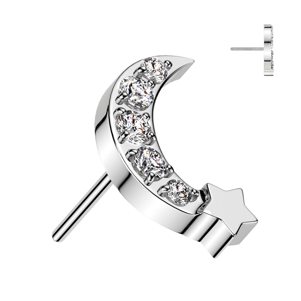Surgical Steel Threadless CNC Set CZ Crescent Moon Star Top