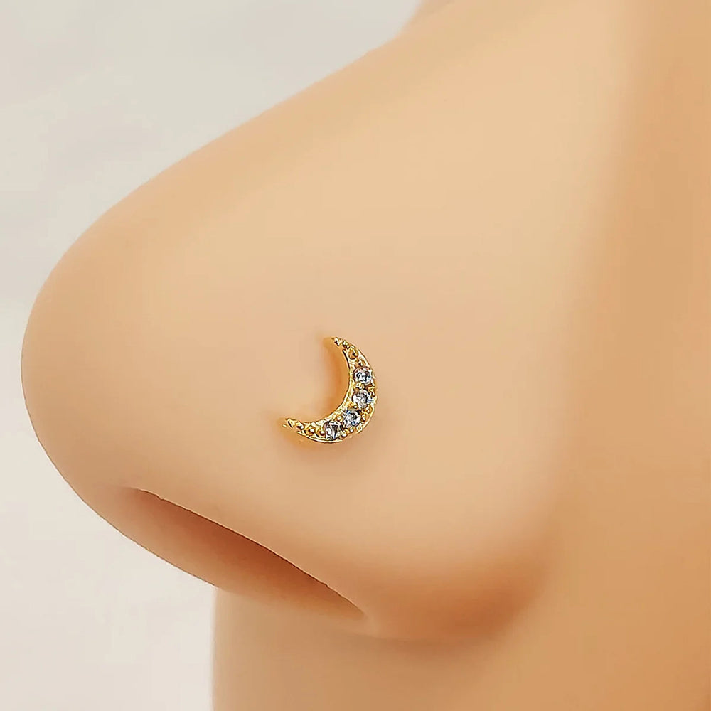 Surgical Steel 20 Gauge Crescent Moon CZ L Shaped Nose Stud