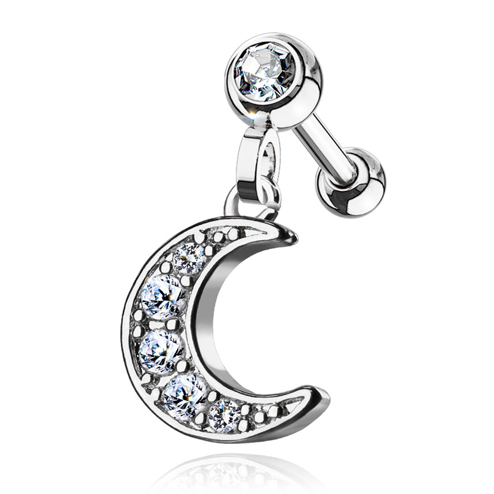 Surgical Steel 16 Gauge Tragus Barbell with CZ Crescent Moon Dangle - photo 3