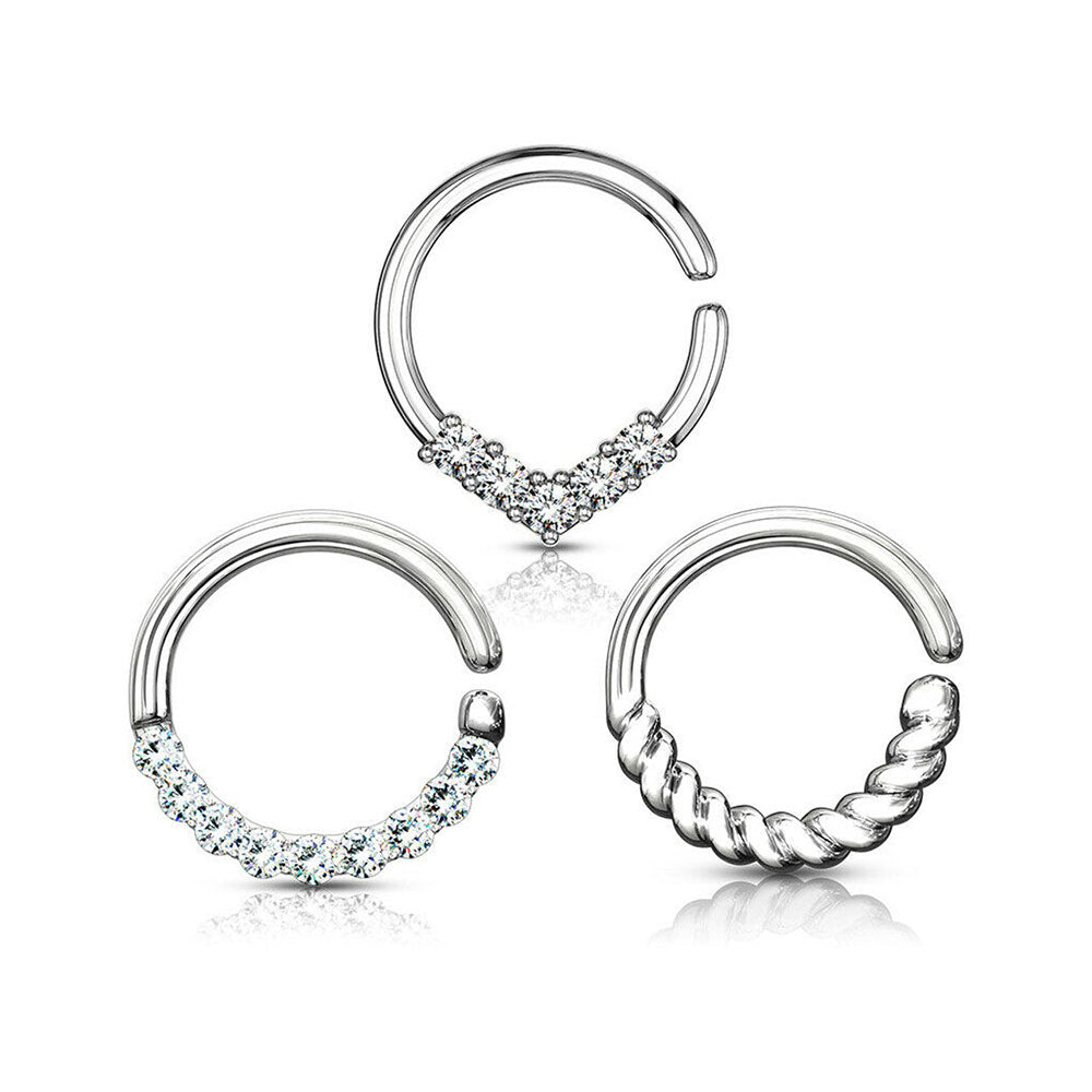 Surgical Steel 16 Gauge Crystal CZ Bendable Hoop Nose Rings - 3 Pack