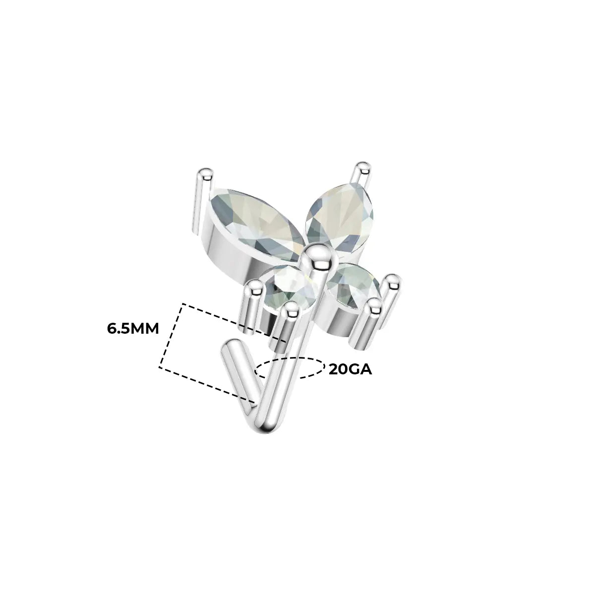 Surgical Steel L-Shaped Nose Stud 20G 6.5mm with CZ Butterfly - photo 4