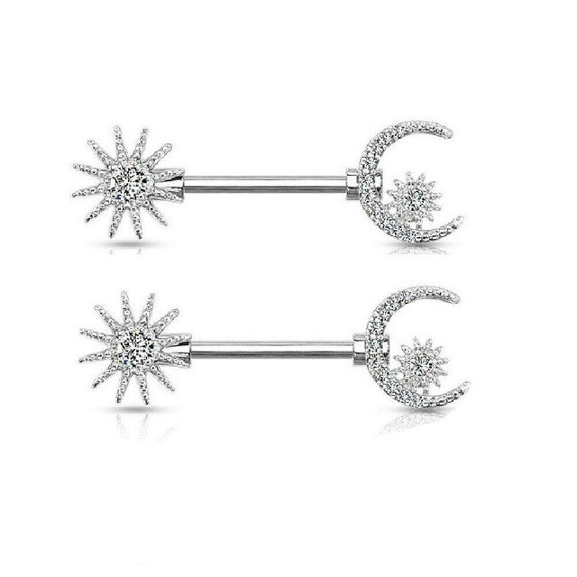 Surgical Steel 14 Gauge Nipple Barbell with CZ Moon and Star - Pair - photo 5