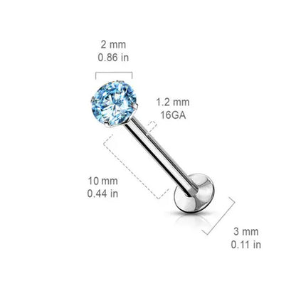 Surgical Steel 16 to 20 Gauge Push In Labret Stud with Prong CZ - photo 2