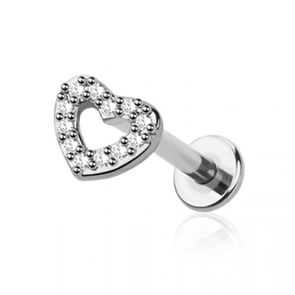 Surgical Steel 16 Gauge Flat Back Labret Stud with CZ Heart