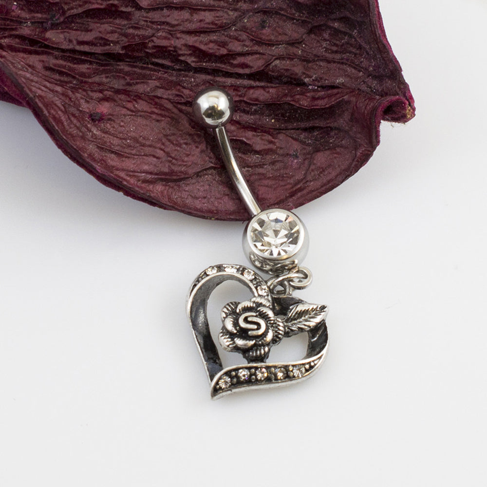 Surgical Steel 14 Gauge Belly Ring with CZ Heart and Rose Dangle - photo 2