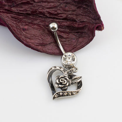 Surgical Steel 14 Gauge Belly Ring with CZ Heart and Rose Dangle - photo 2