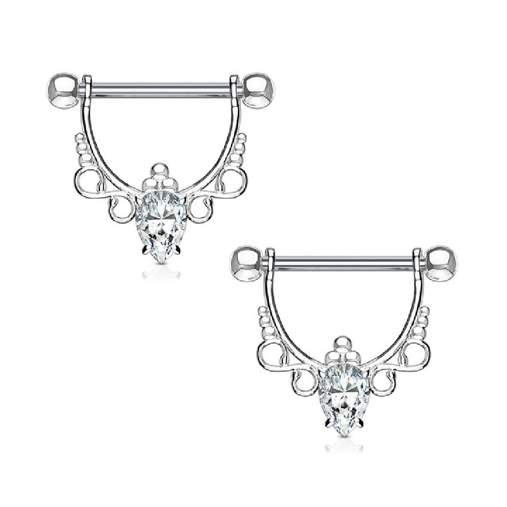 Surgical Steel 14 Gauge Nipple Shield Rings with CZ Pear Dangle - Pair - photo 4