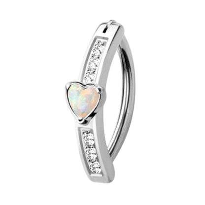 Surgical Steel 14 Gauge Hinged Belly Button Ring CZ Heart with Opal