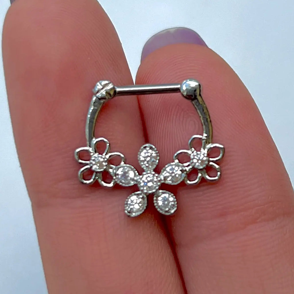 Surgical Steel 16 Gauge Hinged Septum Clicker with CZ Triple Flower - photo 5