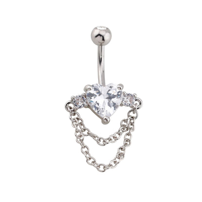 Surgical Steel 14 Gauge Belly Button Ring CZ Heart Chain with Rope