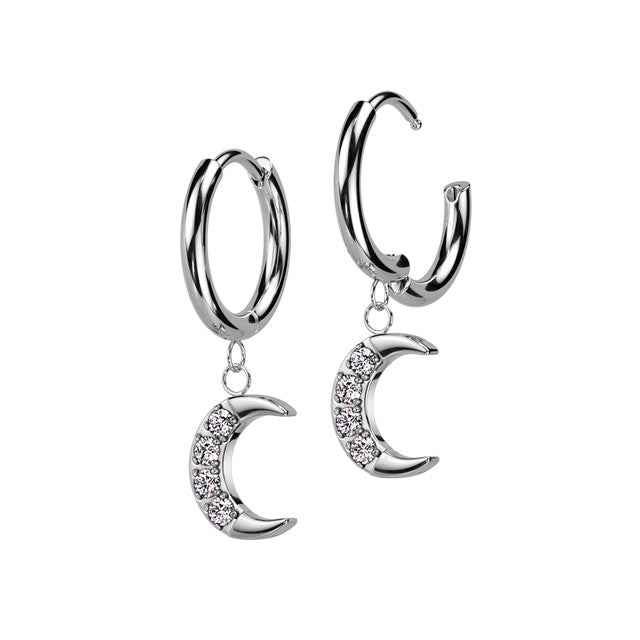 Surgical Steel Huggie Hoops 20G with Crescent Moon CZ Dangle - Pair - photo 4