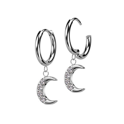 Surgical Steel Huggie Hoops 20G with Crescent Moon CZ Dangle - Pair - photo 4