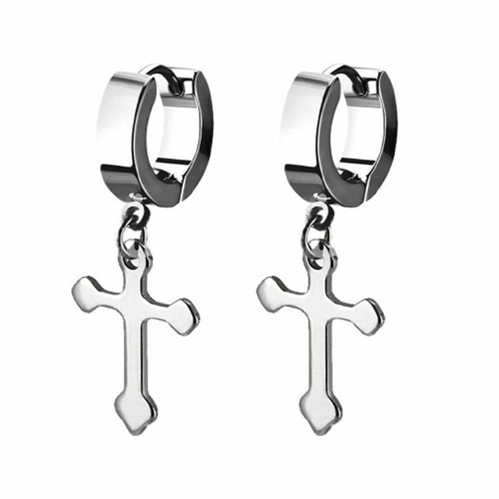 Surgical Steel Dangle Cross Huggie Earrings - Pair