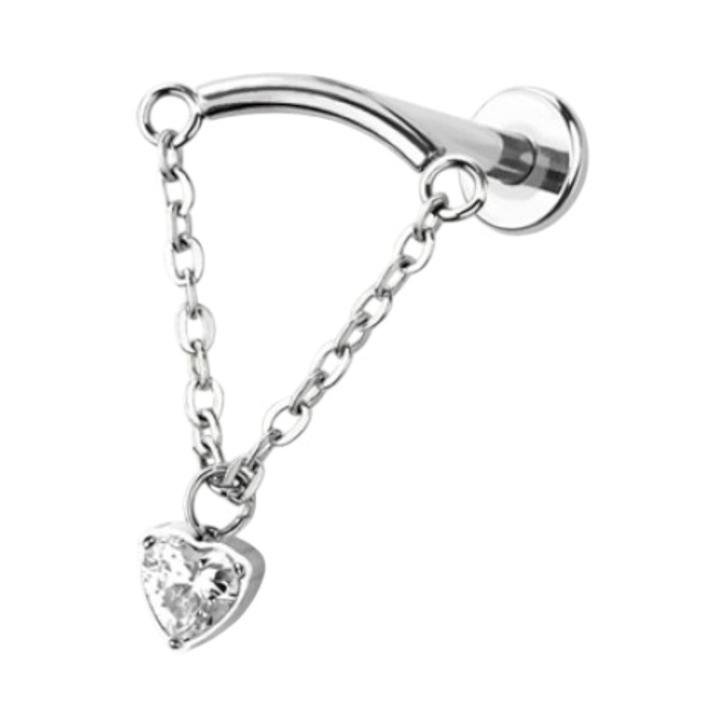 Surgical Steel Curved Labret Stud 18G 6mm & 8mm Heart Chain Dangle - photo 4
