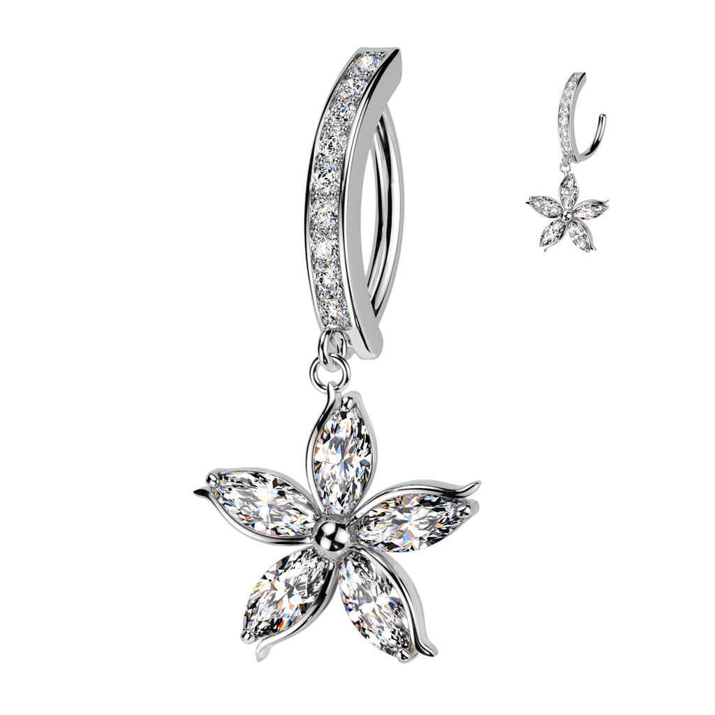 Surgical Steel Hinged Belly Ring 14G 11mm with CZ Flower Dangle - photo 5