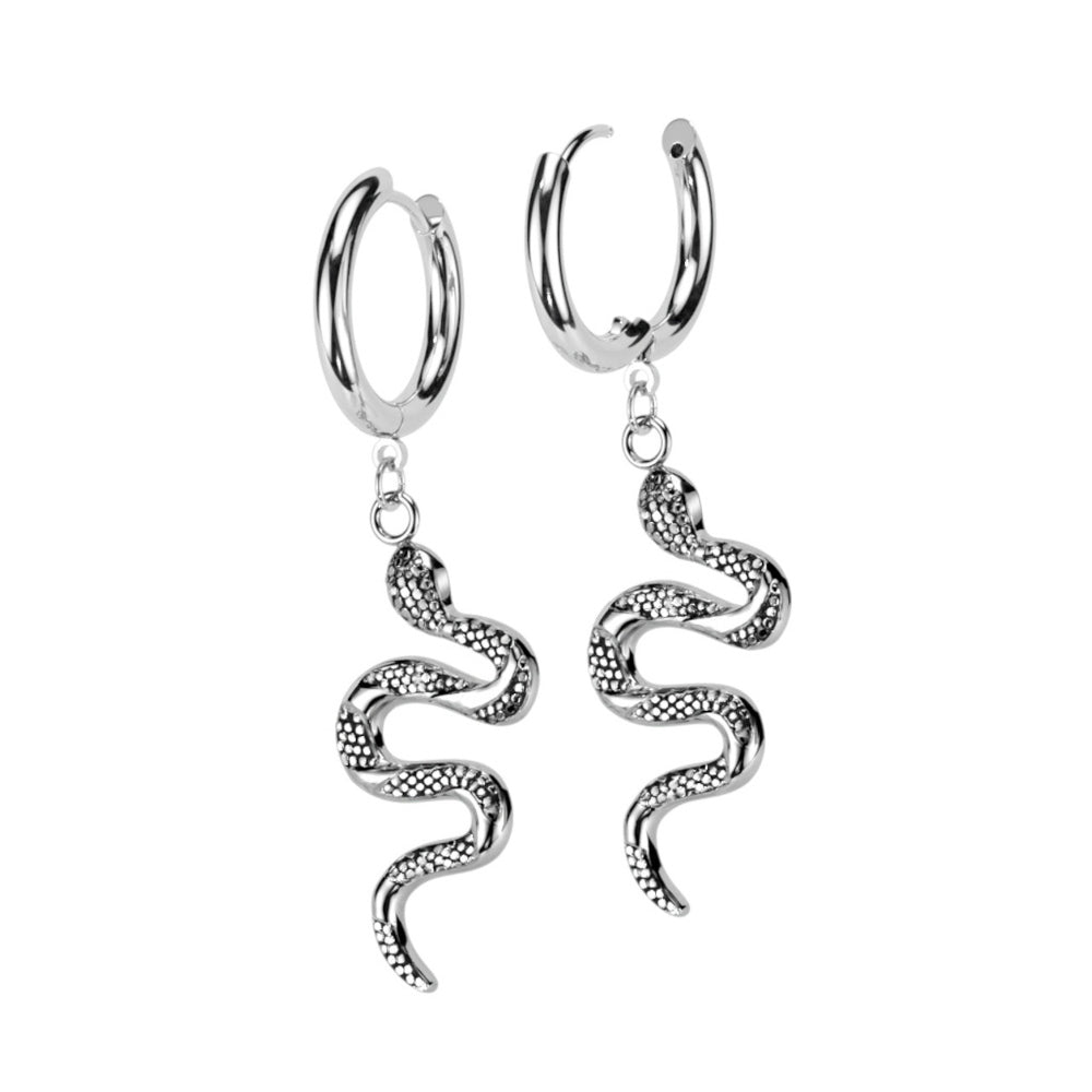 Surgical Steel 18 Gauge Dangle Snake Hoop Earrings - Pair
