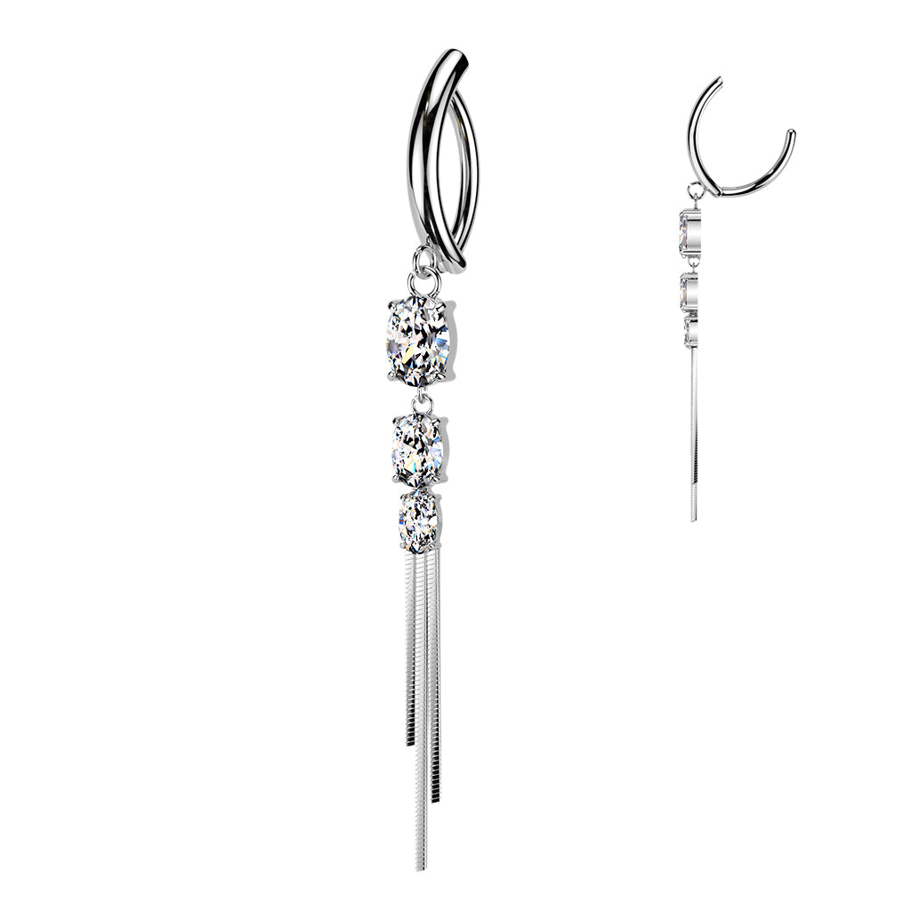 Surgical Steel 14 Gauge Hinged Belly  Ring with Chain Dangling CZ