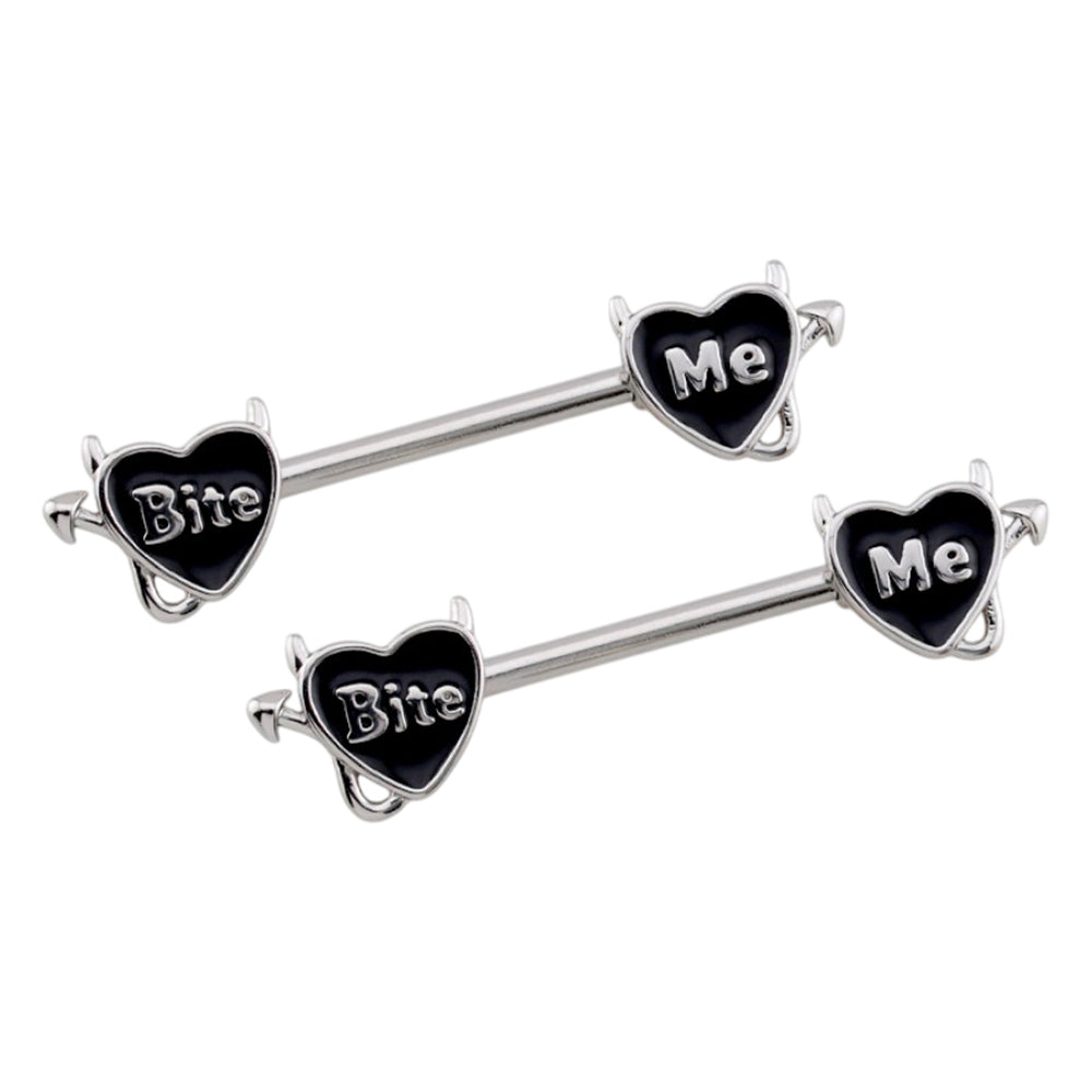 Surgical Steel 14 Gauge Nipple Barbell Heart with Bite Me Shape - Pair