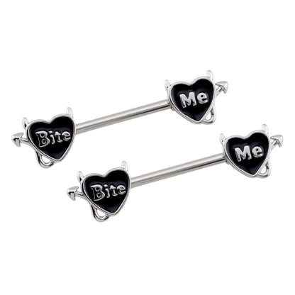 Surgical Steel 14 Gauge Nipple Barbell Heart with Bite Me Shape - Pair