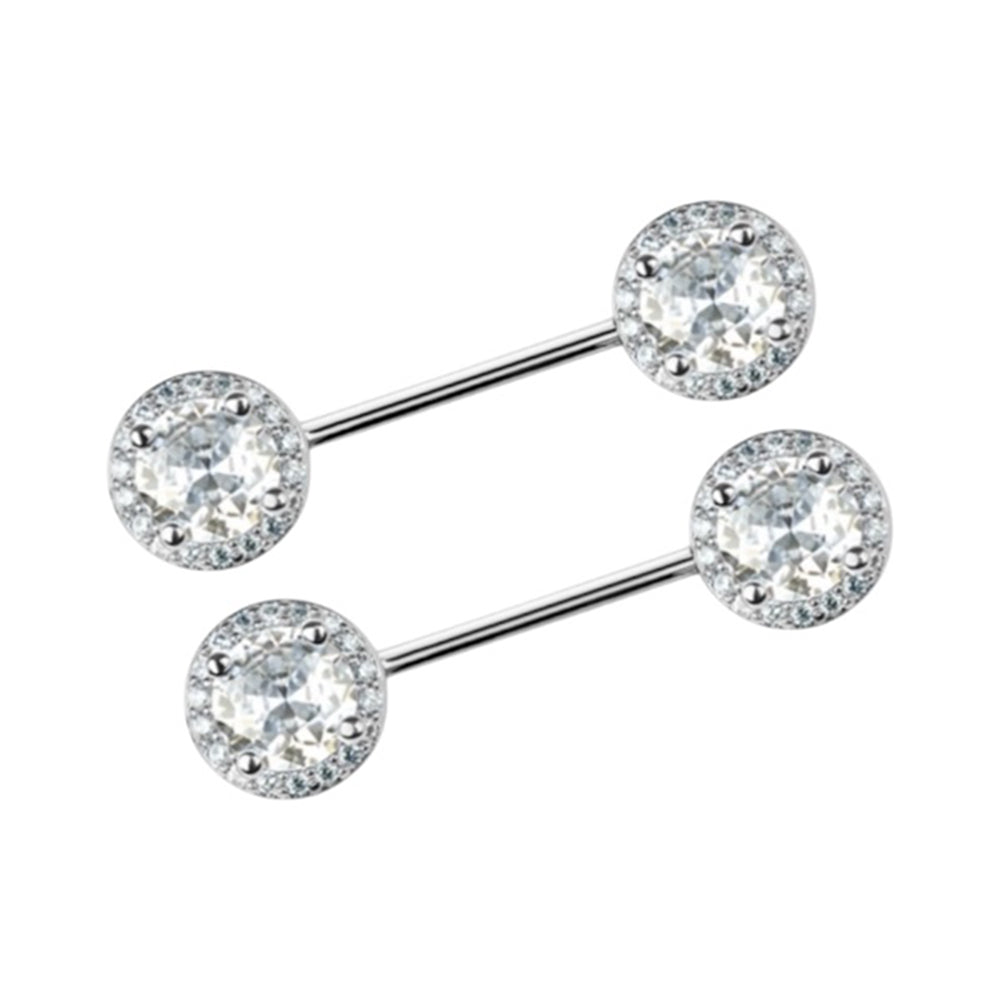 Surgical Steel 14 Gauge Nipple Barbells with Halo Frame CZ - Pair - photo 3