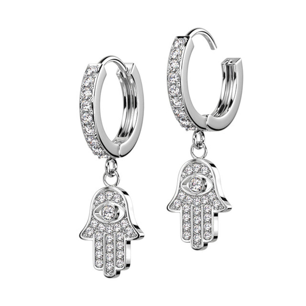 Surgical Steel 18G Paved CZ Hamsa Evil Eye Dangle Hoops - Pair