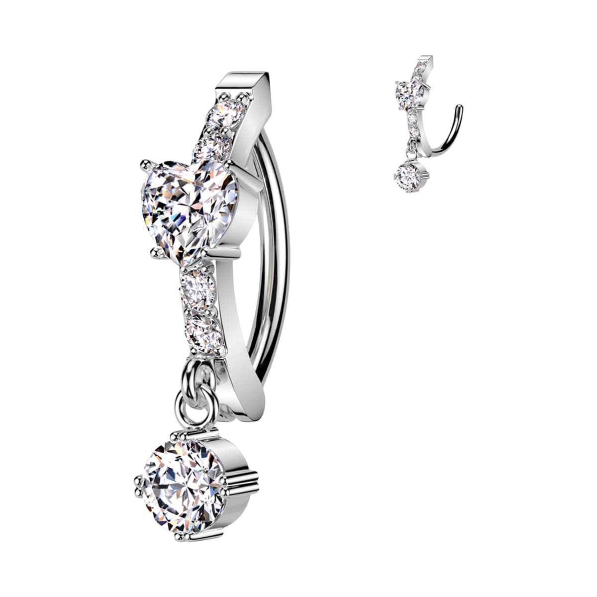 Surgical Steel Hinged Belly Ring 14G 12mm with CNC-Set CZ Heart Dangle - photo 5