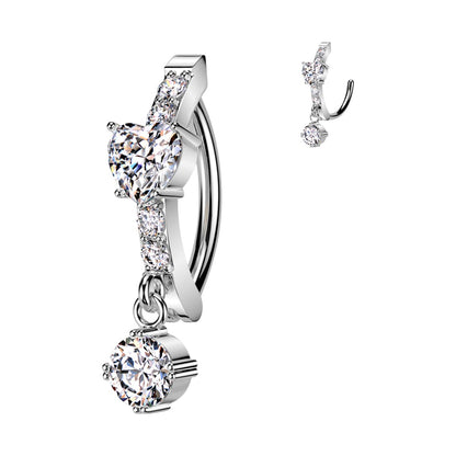 Surgical Steel Hinged Belly Ring 14G 12mm with CNC-Set CZ Heart Dangle - photo 5
