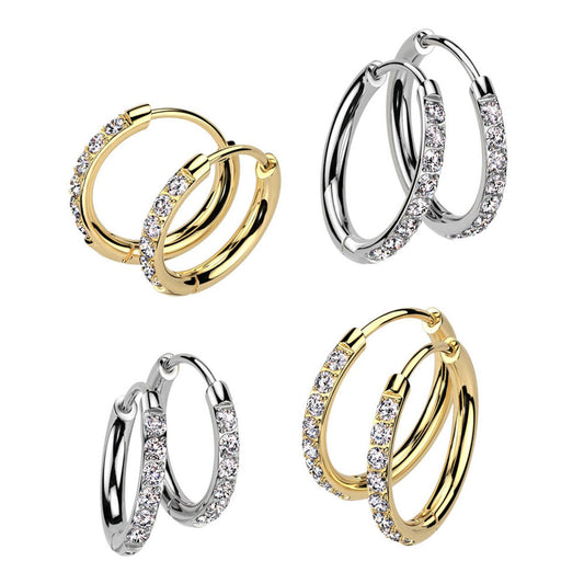 Surgical Steel Hinged Hoop Earrings 20 Gauge CZ Paved Gems - Pair - Kruelty