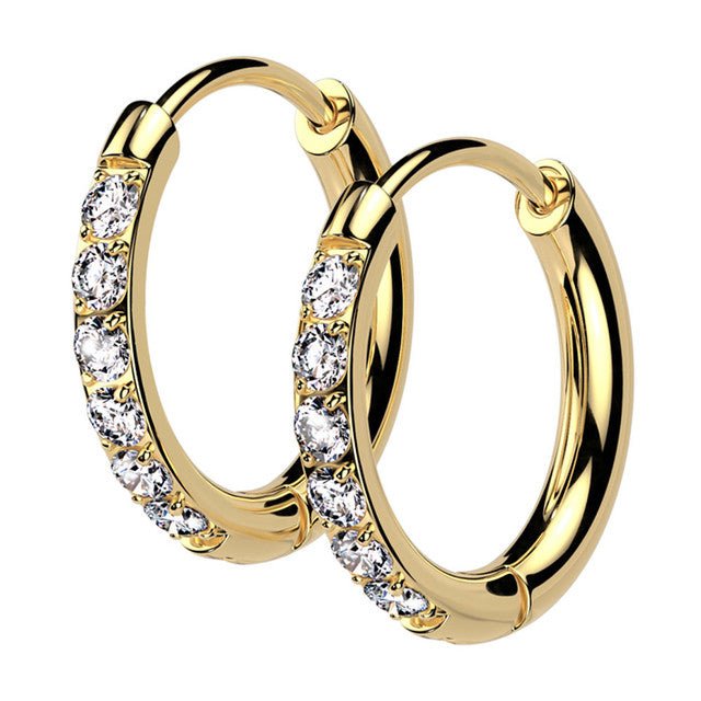 Surgical Steel Hinged Hoop Earrings 20 Gauge CZ Paved Gems - Pair - Kruelty