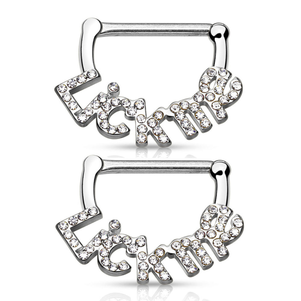Surgical Steel 14 Gauge Paved CZ Lick Me Nipple Shield 12mm - Pair